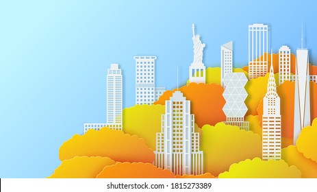 New York city landmark in autumn season in paper cut stile. 3d vector yellowed tree crowns and white houses and skyscrapers against a blue sky. Cut out from cardboard NYC urban landscape