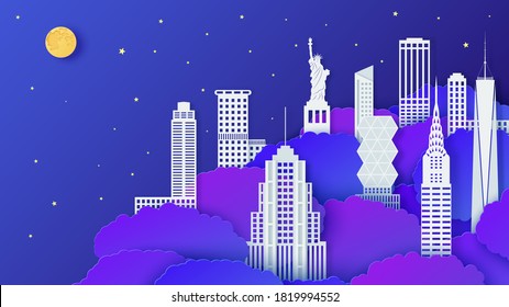 New York city landmark in night time in paper cut style. 3d vector neon blue tree crowns and white houses and skyscrapers against a blue sky. Cut out from cardboard NYC urban evening landscape