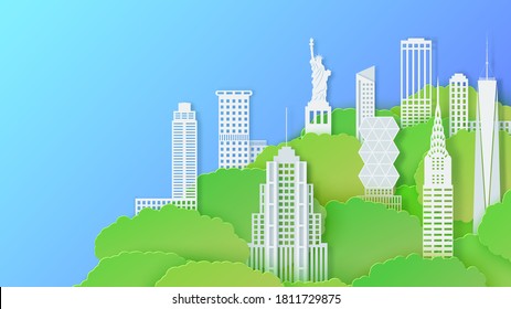 New York city landmark in summer season in paper cut stile. 3d vector green tree crowns and white houses and skyscrapers against a blue sky. Cut out from cardboard NYC urban landscape