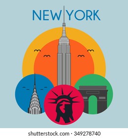 New York City Landmarks, icons USA, flat design, colorful vector illustration