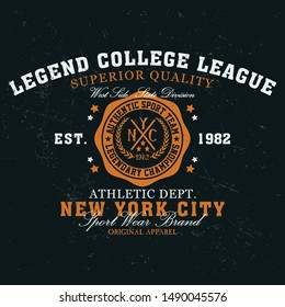 New york city legend college league, original apparel typography, t-shirt graphics, vectors