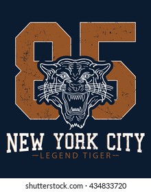 New York City Legend Tiger, Athletic Division Vector Print And Varsity. For T-shirt Or Other Uses In Vector.T Shirt Graphic