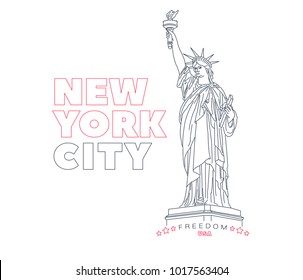 New York City lettering on white background with detailed illustration of the Statue of Liberty, red and black, symbol, logo