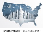 New York City with Liberty statue and United states of America's map in paper cut art style vector illustration. Travel poster, postcard and advertising.