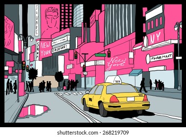 New York City Lights - Night View Of Manhattan. Taxi Cab At Times Square.