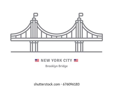 New York City Line Icon. Brooklyn Bridge And US Flag Vector Illustration.