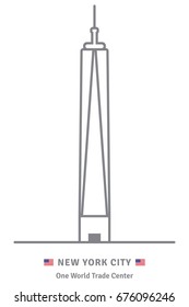 New York City line icon. One World Trade Center building and US flag vector illustration.