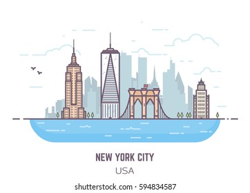 New York City line vector pixel perfect illustration. Bridge and real famous buildings flat style. Architecture background with skyscrapers and river. USA modern town. Business center of NYC.