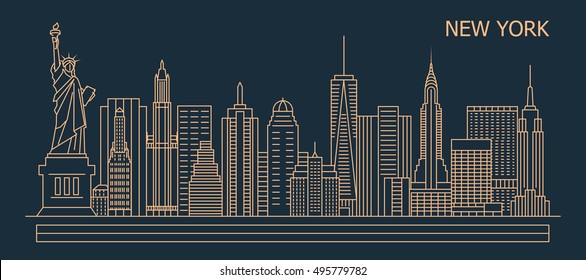 New York city linear style skyline with buildings, towers, vector illustration