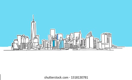 New York City Lineart Vector Sketch. and Drawn Illustration on blue background.