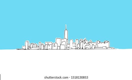 New York City Lineart Vector Sketch. and Drawn Illustration on blue background.