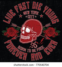 New York City live fast die young slogan, embroidery rose and skull slogan fashion patch, rose with leaves, fashion patches, badges  typography, t-shirt graphics, vectors
