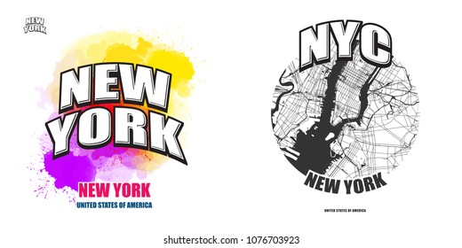 New York City, New York, logo design. Two in one vector arts. Big logo with vintage letters with nice colored background and one-color-version with map for every possible print production.