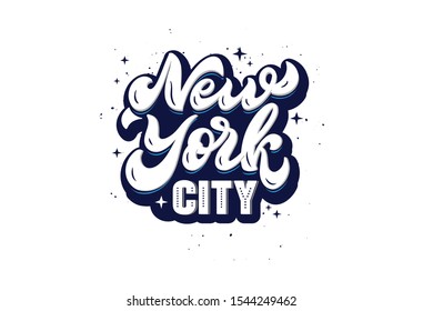 New York city logo. Hand drawn lettering composition isolated on white background. Handwritten sticker, space style. Design NY for poster, background, postcard, banner, signboard. Vector illustration.