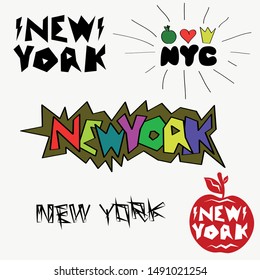 New York city logo heart love apple crow icon graffiti lettering Hand drawn Modern design style Fashion print for clothes apparel greeting invitation card picture banner poster flyer websites Vector