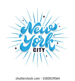 New York city logo with vector rays, stars. Hand drawn lettering composition