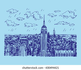 New York City Manhattan skyline aerial view with Empire State and skyscrapers in New York, USA. Sketch by hand. Vector illustration. Engraving style