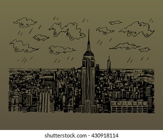 New York City Manhattan Skyline View With Empire State Building In New York, USA. Sketch By Hand. Vector Illustration. Engraving Style