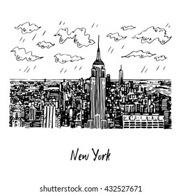 New York City Manhattan Skyline View With Empire State Building In New York, USA. Sketch By Hand. Vector Illustration. Engraving Style