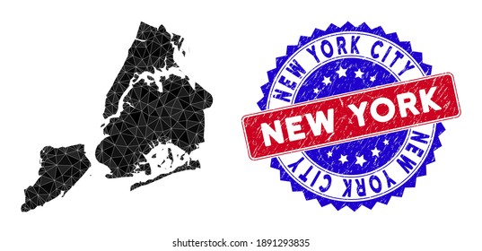 New York City map polygonal mesh with filled triangles, and grunge bicolor stamp print. Triangle mosaic New York City map with mesh vector model, triangles have different sizes, and positions,