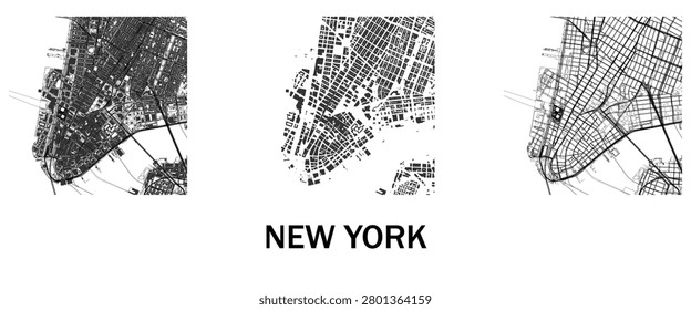 New York City Map Set, Black and White Urban Street Grid, NYC City Map Silhouette Collection, Manhattan Cartography Vector Illustration