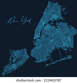 New York city map with streets, Usa. Stock vector illustration isolated on dark blue background.