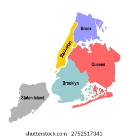 New York city map vector silhouette illustration isolated. USA, United States of America town. Manhattan territory, Bronx plan, Staten Island shape, Queens, Brooklyn shadow. Emblem banner NYC borders.