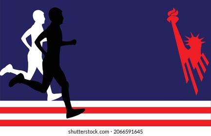 new york city marathon background with people running, statue of liberty and copy space. suitable to be placed on content with that theme.