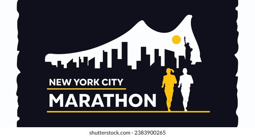 "Antecedentes en la maratón de Nueva York: Siluetas de corredores con colores azules, amarillos y blancos contra el telón de fondo de la ciudad de Nueva York y zapatos de correr. Ideal para la maratón de Nueva York".