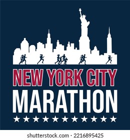 Plantilla de bienvenida de la maratón de Nueva York con la ciudad de Nueva York y gente corriendo silueta. Adecuado para usar para gráficos de camisetas, afiche, impresión, volante, postal.