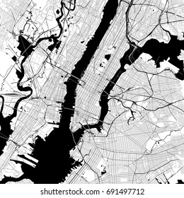 New York City Monochrome Vektor Map. Sehr große und detaillierte Rahmenversion auf weißem Hintergrund. Schwarze Straßen und Eisenbahnstrecken, Straßen und Wasser.