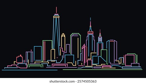 New York City neon light skyline vector illustration