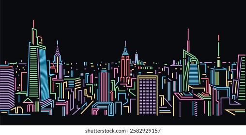 New York City neon light skyline vector illustration