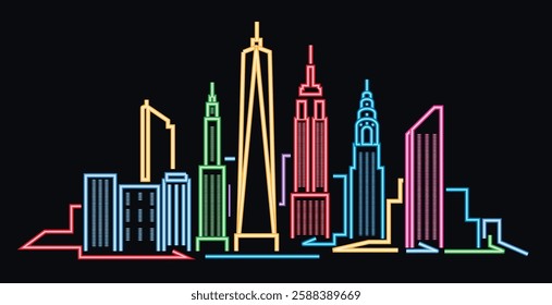 New York City neon light skyline vector illustration
