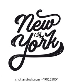 New york city. NY logo isolated. Black textured NYC label or logotype. Vintage badge calligraphy in grunge style. Great for t-shirts or poster.