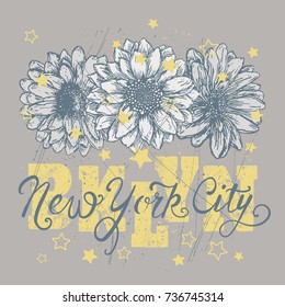 New York City, NYC, Brooklyn. Vector illustration with flower for print on t-shirt, bag and other uses