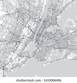 New York City (NYC, NY) map. Light map of New York City (New York, United States). Highly detailed map of The "Big Apple" with water objects, roads, railways, etc.