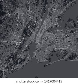 New York City (NYC, NY) map. Dark map of New York City (New York, United States). Highly detailed map of The "Big Apple" with water objects, roads, railways, etc.