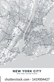 New York City (NYC, NY) map. Light poster with map of New York City (New York, United States). Highly detailed map of The "Big Apple" with water objects, roads, railways, etc. Printable poster.