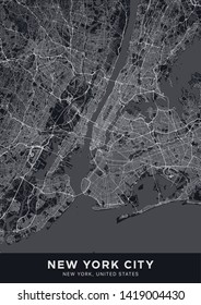 New York City (NYC, NY) map. Dark poster with map of New York City (New York, United States). Highly detailed map of The "Big Apple" with water objects, roads, railways, etc. Printable poster.