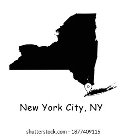 New York City On New York State Map. Detailed NY State Map With Location Pin On NYC City. Black Silhouette Vector Maps Isolated On White Background.