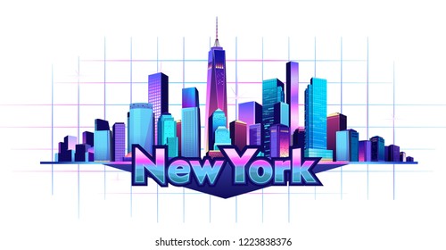 New York city on white background, buildings and community, vector illustration of a big city, neon pink and blue colors,