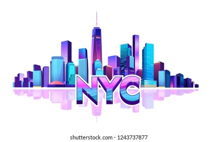 New York city on white background, buildings and community, vector illustration of a big city, neon pink and blue colors,