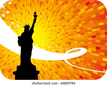 New York city orange shine sunset background with black silhouette of liberty statue