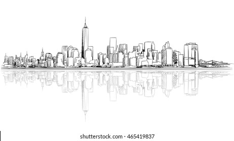 New York City Outline Sketch with Refection, Hand Drawn Vector Artwork