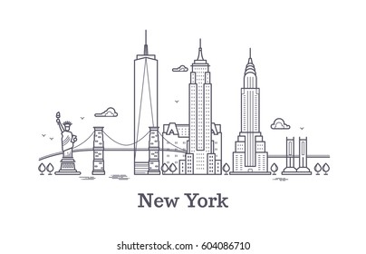 New York City Outline Skyline, Nyc Line Silhouette, Usa Tourist And Travel Vector Concept