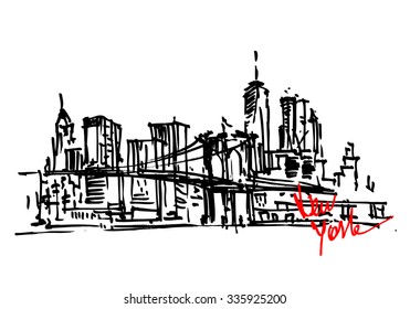 New York City Panorama. Brooklyn Bridge. City Skyline Hand Drawn, Sketch