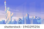New York city panorama landing page in flat cartoon style. The Statue of Liberty, skyscrapers, urban landscape with modern building. Travelling of landmarks. Vector illustration of web background