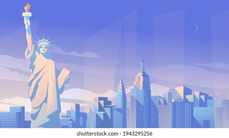 Página de aterrizaje panorámico de la ciudad de Nueva York al estilo de dibujos animados planos. La Estatua de la Libertad, rascacielos, paisaje urbano con edificio moderno. Viajar por lugares emblemáticos. Ilustración vectorial del fondo web