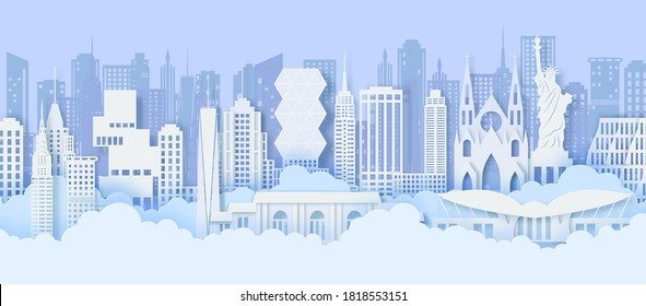 New York City panorama in paper cut style. Cut out silhouette skyscraper, Statue of Liberty in USA, business center from cardboard and clouds. Vector 3d famous landmarks of America